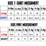 Measurement Chart for T-shirts and pants.